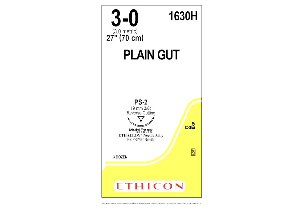 Ethicon 3-0 27" Plain Gut Suture Ps-2 19 mm 3/8C Reverse Cutting ( of 36) (Yellow)