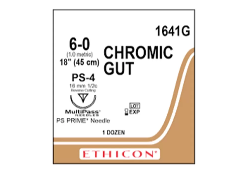 Ethicon 6-0 18" Chromic Gut Suture, Ps-4 16 mm 1/2C Reverse Cutting Multipass* Ps Prime* Needle ( of 12) (Gold)