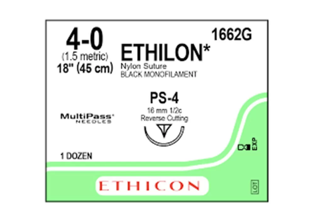 Ethicon 4-0 18" Ethilon Polyamide 6 Black Monofilament Non-Absorbable Suture Ps-4 16 mm 1/2C Reverse Cutting ( of 12) (Green)