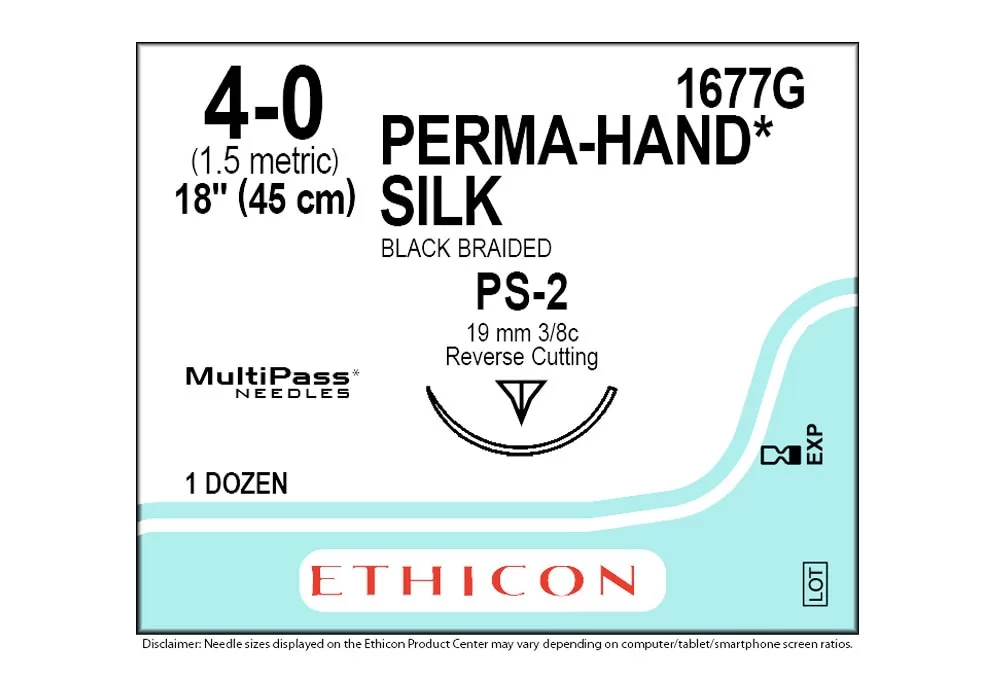 Ethicon 4-0 18" Perma-Hand* Silk Black Braided Non-Absorbable Suture Ps-2 19 mm 3/8C Reverse Cutting ( of 12) (Blue)