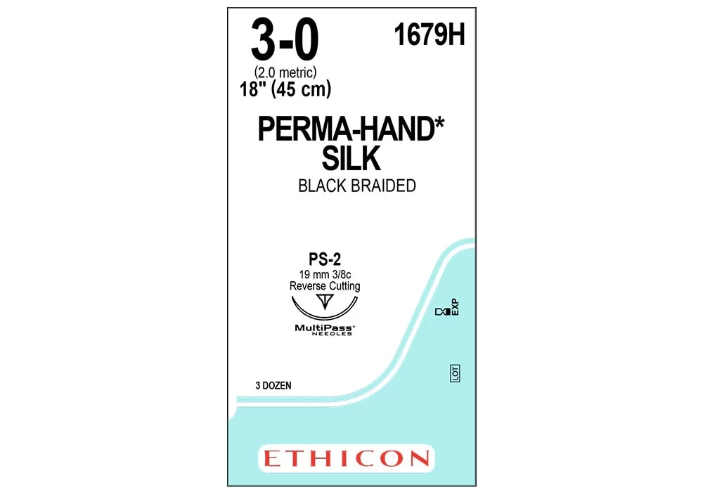 Ethicon 3-0 18" Perma-Hand Silk Black Braided Non-Absorbable Suture Ps-2 19 mm 3/8C Reverse Cutting ( of 36) (Blue)
