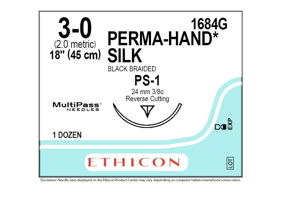 Ethicon 3-0 18" Perma-Hand Silk Black Braided Suture Ps-1 24 mm 3/8C Reverse Cutting ( of 12) (Blue)