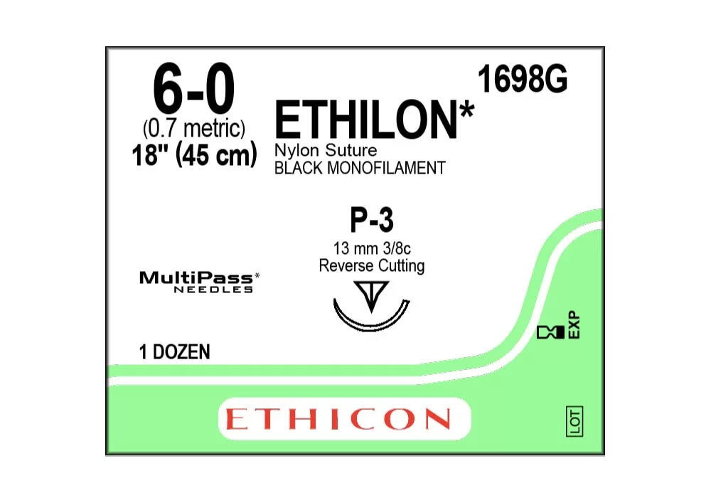 ETHICON 1698G Ethicon 6-0 18" Ethilon* (Polyamide 6) Black Monofilament Non-Absorbable Suture P-3 13 mm 3/8C Reverse Cutting ( of 12) (Green)