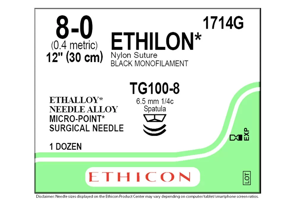 ETHICON 1714G Ethicon 8-0 12" Ethilon* Nylon Black Monofilament Non-Absorbable Suture Tg100-8 6.5 mm 1/4C Spatula ( of 12) (Green)