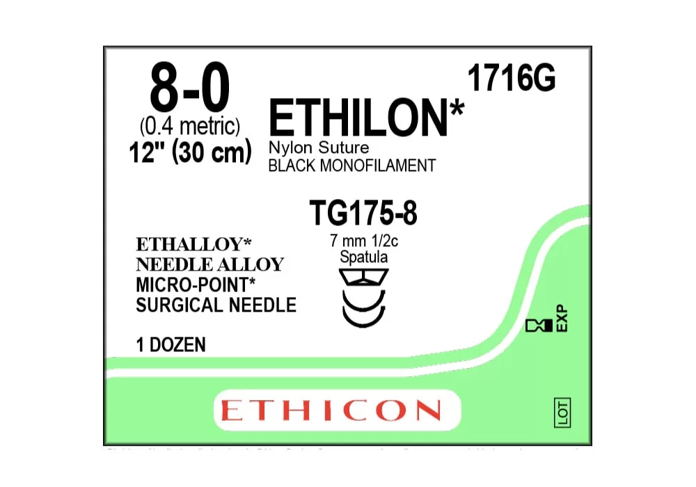 Ethicon 8-0 12" Ethilon* (Polyamide 6) Black Monofilament Non-Absorbable Nylon Suture Tg175-8 7 mm 1/2C Spatula ( of 12) (Green)