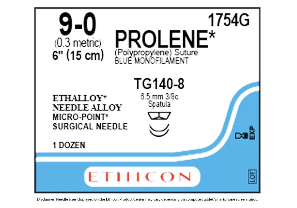 Ethicon 9-0 6" Prolene* (Polypropylene) Blue Monofilament Non-Absorbable Suture Tg140-8 6.5 mm 3/8C Spatula ( of 12) (Blue)