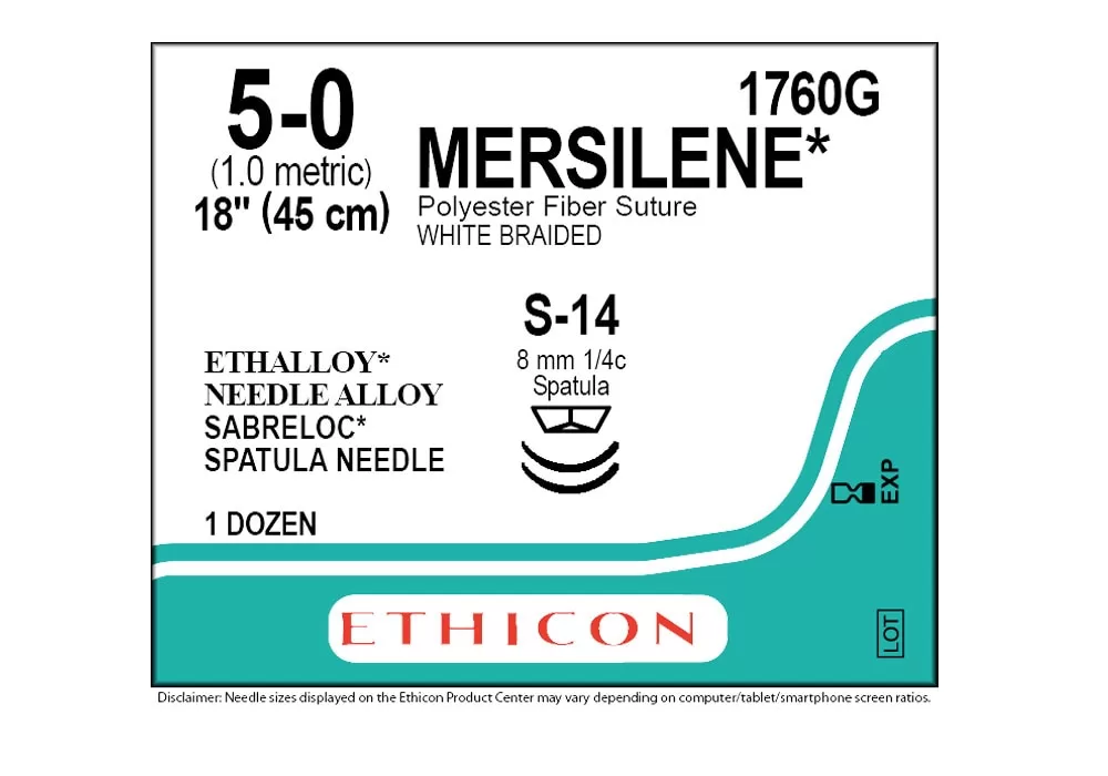 ETHICON 1760G Ethicon 5-0 18" Mersilene Polyester Fiber Suture White Braided S-14 8 mm 1/4C Spatula ( of 12) (Teal)