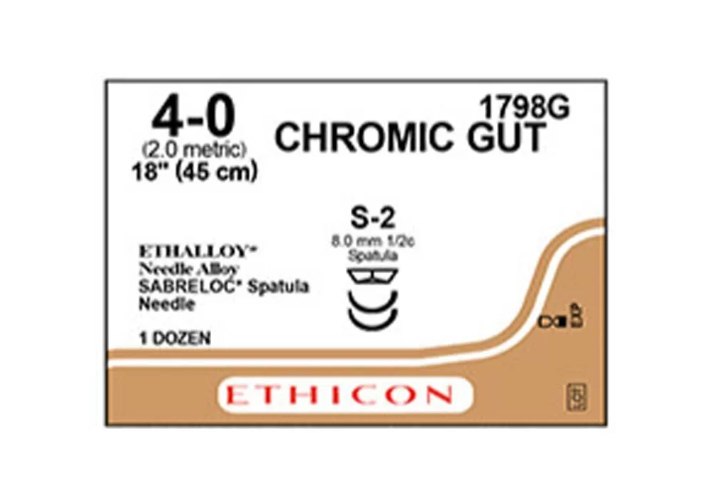 Ethicon 4-0 18" Chromic Gut Suture, S-2 8.0 mm 1/2C Ethalloy* Alloy Sabreloc* Spatula Needle ( of 12) (Gold)