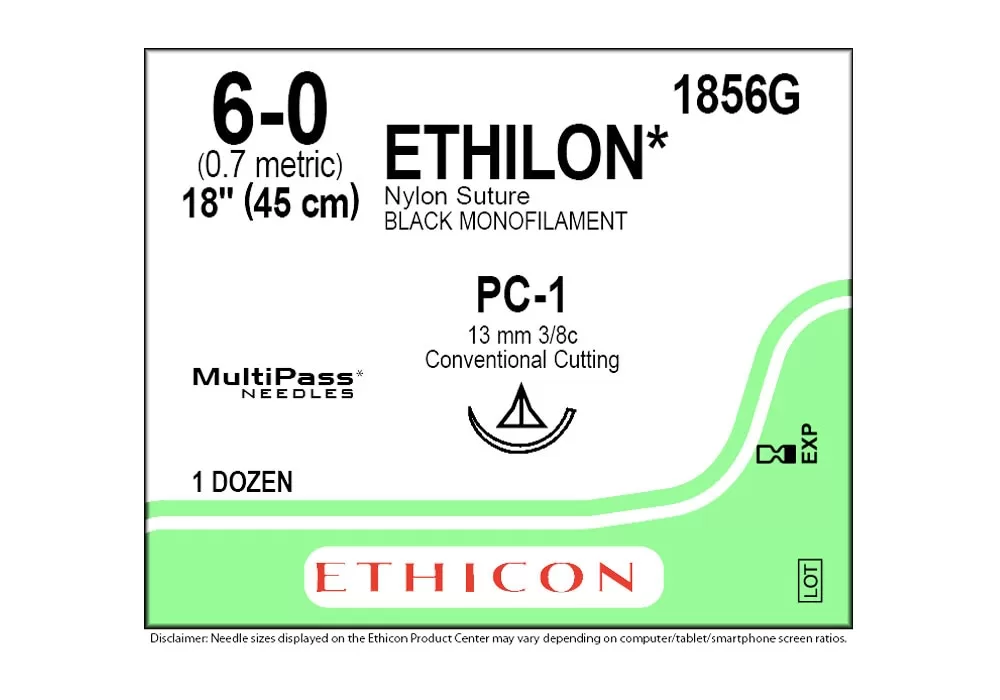 Ethicon 6-0 18" Ethilon* Nylon Suture Black Monofilament Pc-1 13 mm 3/8C Coventional Cutting ( of 12) (Green)