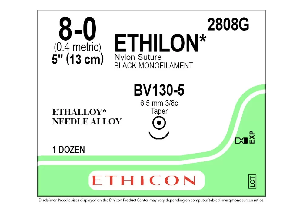 Ethicon 8-0 5" Ethilon Nylon Suture Black Monofilament Bv130-5 6.5 mm 3/8C Taper ( of 12) (Green)