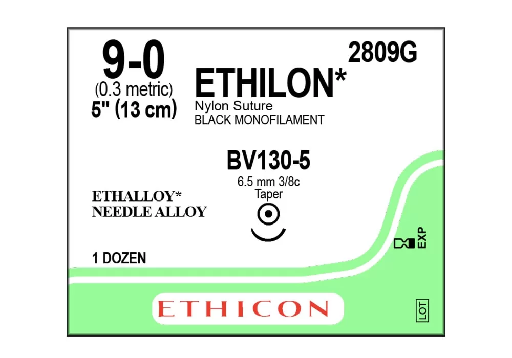 Ethicon 9-0 5" Ethilon* Nylon Suture Black Monofilament Bv130-5 6.5 mm 3/8C Taper ( of 12) (Green)