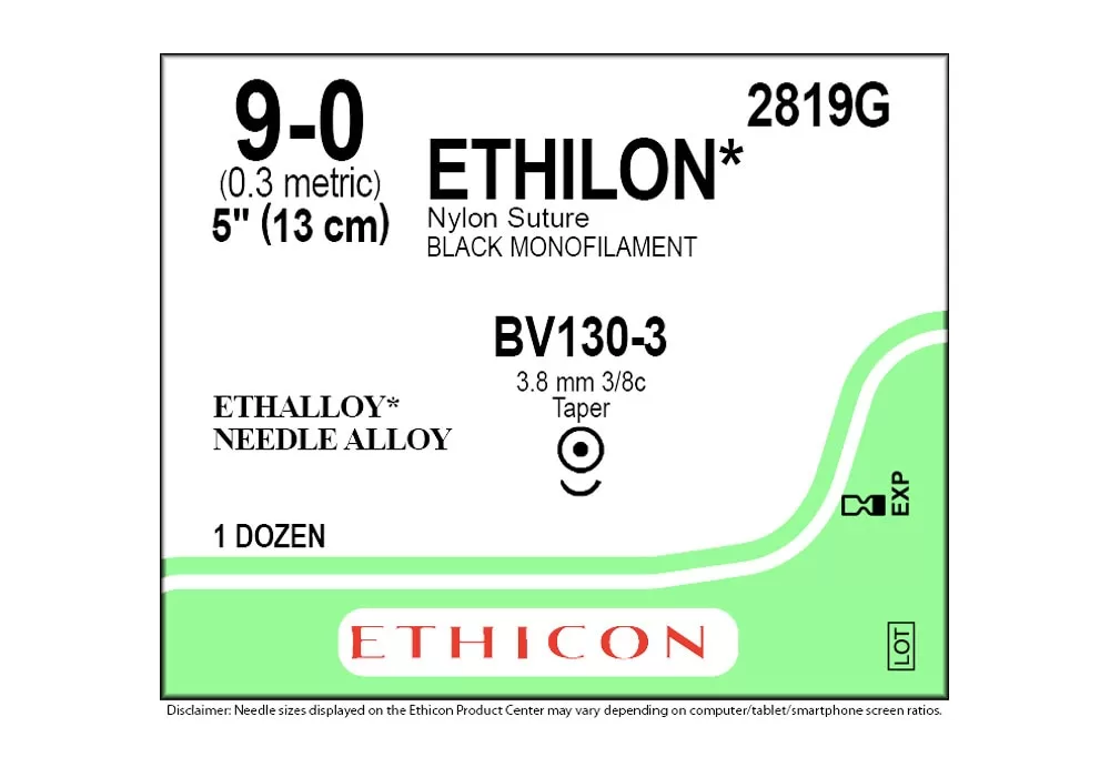 Ethicon 9-0 5" Ethilon Nylon Suture Black Monofilament Bv130-3 3.8 mm 3/8C Taper ( of 12) (Green)