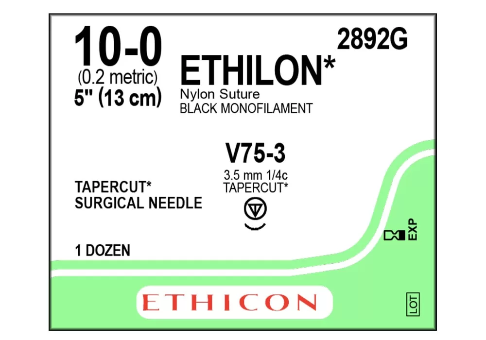 Ethicon 10-0 5" Ethilon* Nylon Black Monofilament Suture V75-3 3.5 mm 1/4C Tapercut ( of 12) (Green)