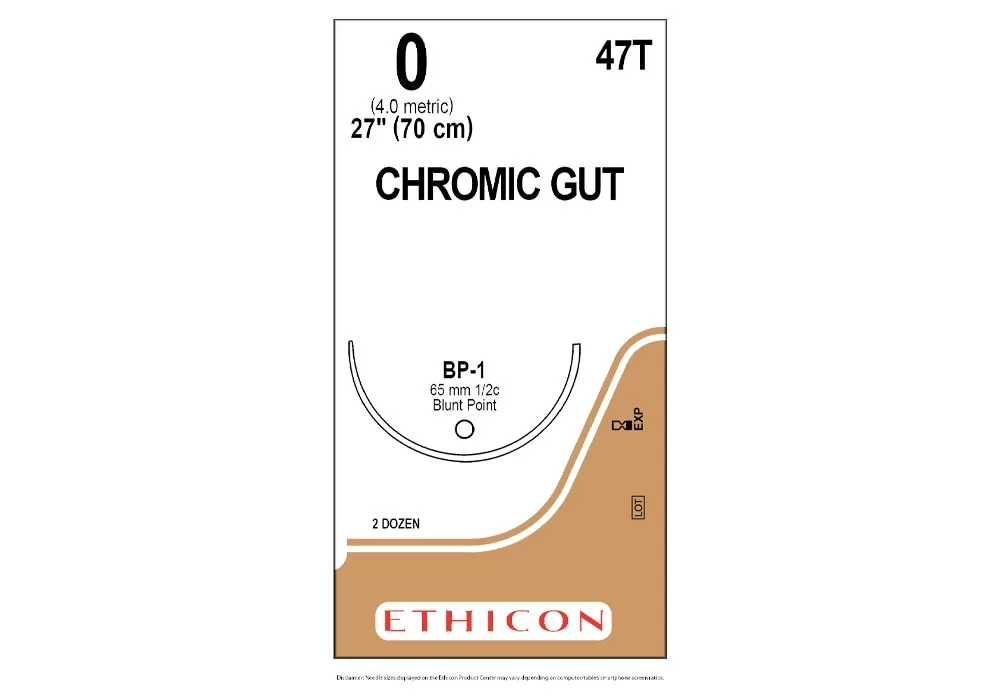 Ethicon 0 27" Chromic Gut Absorbable Suture, Bp-1 65 mm 1/2C Taper Needle ( of 24) (Gold)