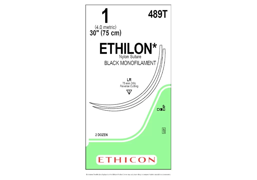 Ethicon 1 30" Ethilon* Nylon Suture Black Monofilament Lr 75 mm 3/8C Reverse Cutting ( of 24) (Green)