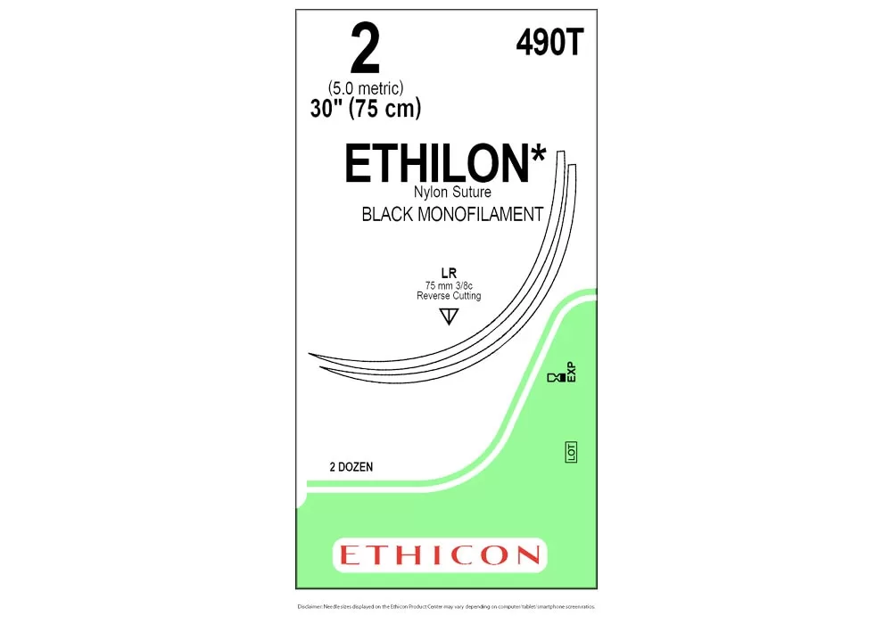 Ethicon 2 30" Ethilon* (Polyamide 6) Black Monofilament Non-Absorbable Nylon Suture Lr 75 mm 3/8C Reverse Cutting ( of 24) (Green)