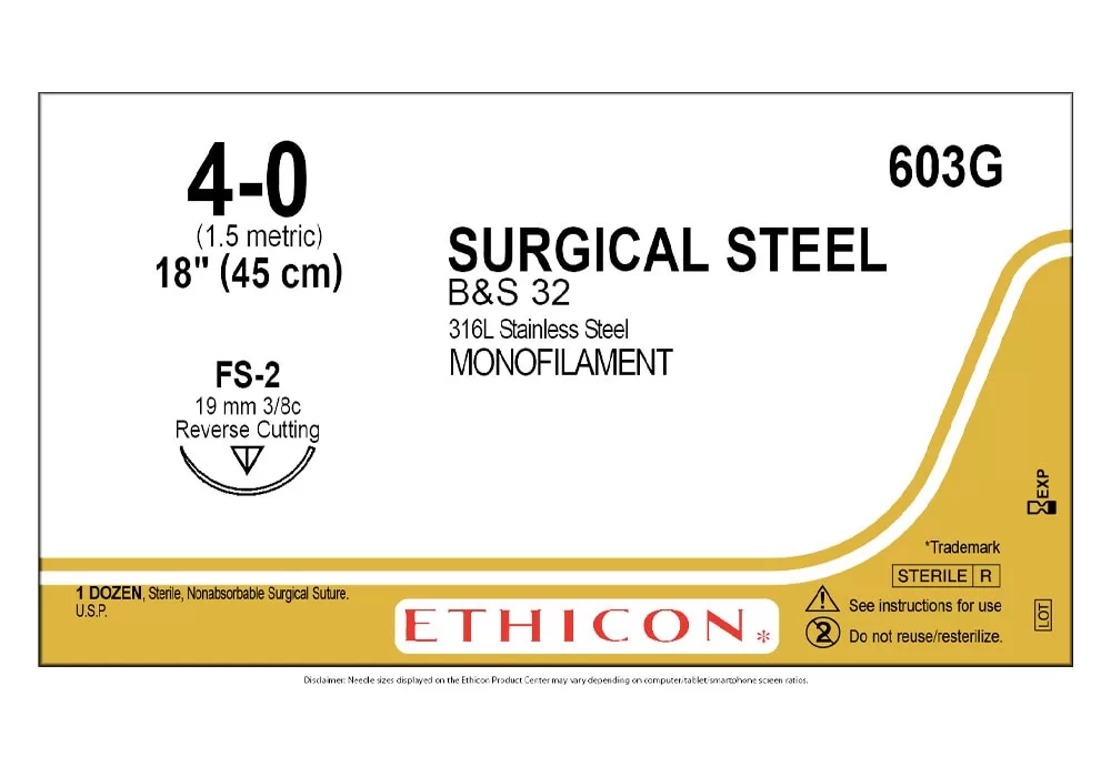 ETHICON 603G Ethicon 4-0 18" Stainless Steel Monofilament Non-Aborbable Suture Fs-2 19 mm 3/8C Reverse Cutting ( of 12) (Gold)