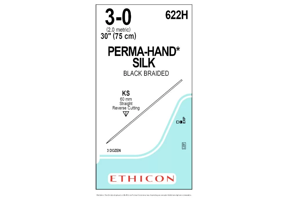 Ethicon 3-0 30" Perma-Hand* Silk Black Braided Non-Absorbable Suture Ks 60 mm Straight Reverse Cutting ( of 36) (Blue)