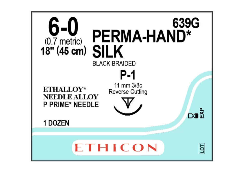 Ethicon 6-0 18" Perma-Hand* Silk Black Braided Non-Absorbable Suture P-1 11 mm 3/8C Reverse Cutting ( of 12) (Blue)