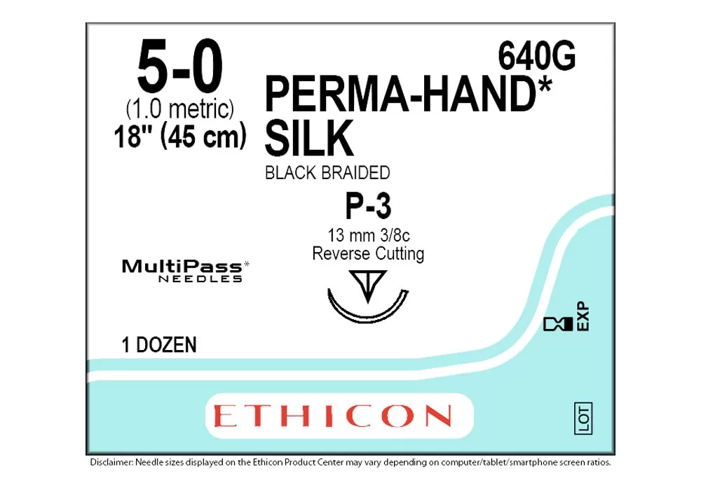 ETHICON 640G Ethicon 5-0 18" Perma-Hand* Silk Black Braided Non-Absorbable Suture P-3 13 mm 3/8C Reverse Cutting ( of 12) (Blue)