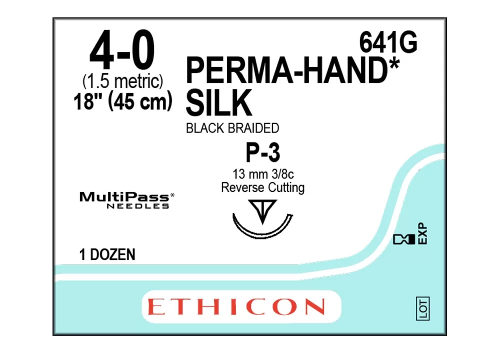 ETHICON 641G Ethicon 4-0 18" Perma-Hand* Silk Black Braided Non-Absorbable Suture P-3 13 mm 3/8C Reverse Cutting ( of 12) (Blue)