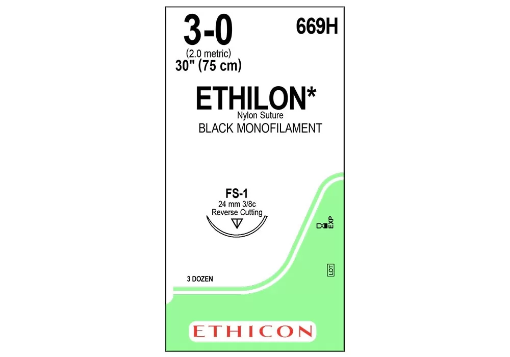ETHICON 669H Ethicon 3-0 30" Ethilon* Nylon Suture Black Monofilament Fs-1 24 mm 3/8C Reverse Cutting ( of 36) (Green)