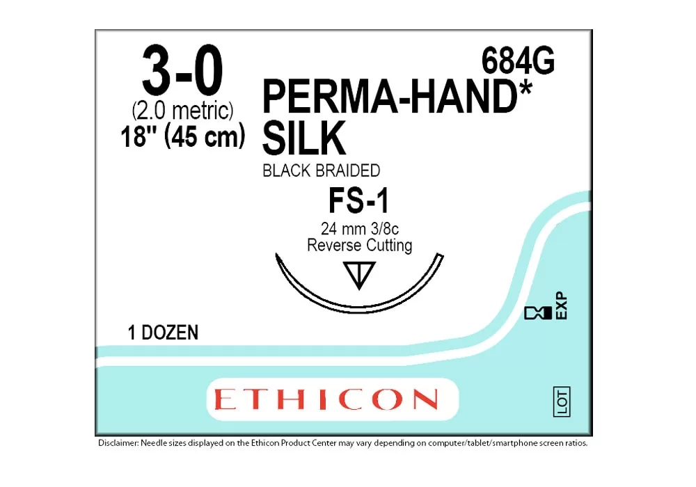 ETHICON 684G Ethicon 3-0 18" Perma-Hand Silk Black Braided Suture Fs-1 24 mm 3/8C Reverse Cutting ( of 12) (Blue)