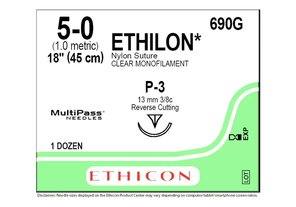 Ethicon 5-0 18” Ethilon* (Polyamide 6) Nylon Undyed Monofilament Non-Absorbable Suture P-3 13 mm 3/8C Reverse Cutting ( of 12) (Green)