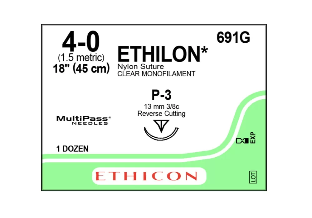 Ethicon 4-0 18” Ethilon* (Polyamide 6) Clear Monofilament Non-Absorbable Nylon Suture P-3 13 mm 3/8C Reverse Cutting ( of 12) (Green)