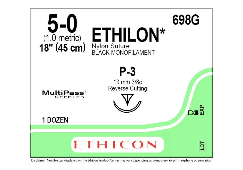 ETHICON 698G Ethicon 5-0 18" Ethilon* (Polyamide 6) Black Monofilament Non-Absorbable Suture P-3 13 mm 3/8C Reverse Cutting ( of 12) (Green)