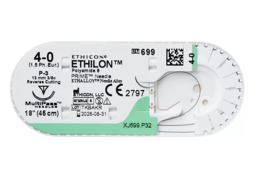 Ethicon 4-0 18" Ethilon* (Polyamide 6) Black Monofilament Non-Absorbable Suture P-3 13 mm 3/8C Reverse Cutting ( of 12) (Green)