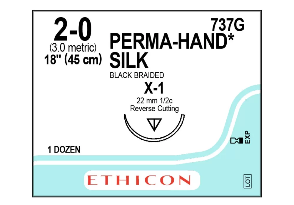 ETHICON 737G Ethicon 2-0 18'' Perma-Hand* Silk Black Braided Suture, X-1 22 mm 1/2C Reverse Cutting Needle ( of 12) (Blue)