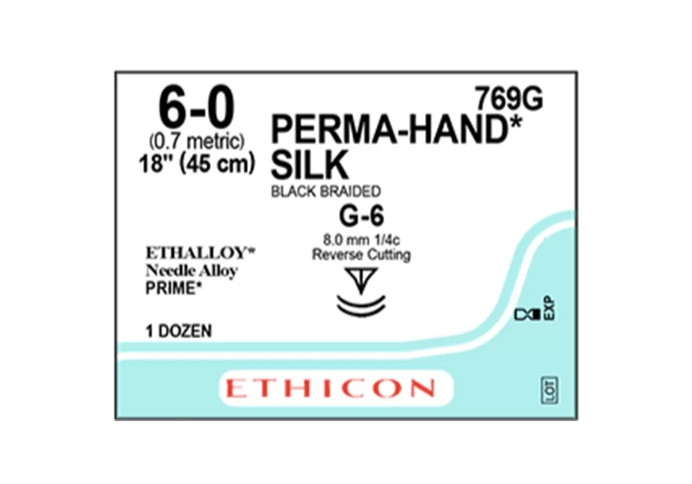 Ethicon 6-0 18" Perma-Hand Silk* Black Braided Non-Absorbable Suture G-6 8.0 mm 1/4C Reverse Cutting ( of 12) (Blue)