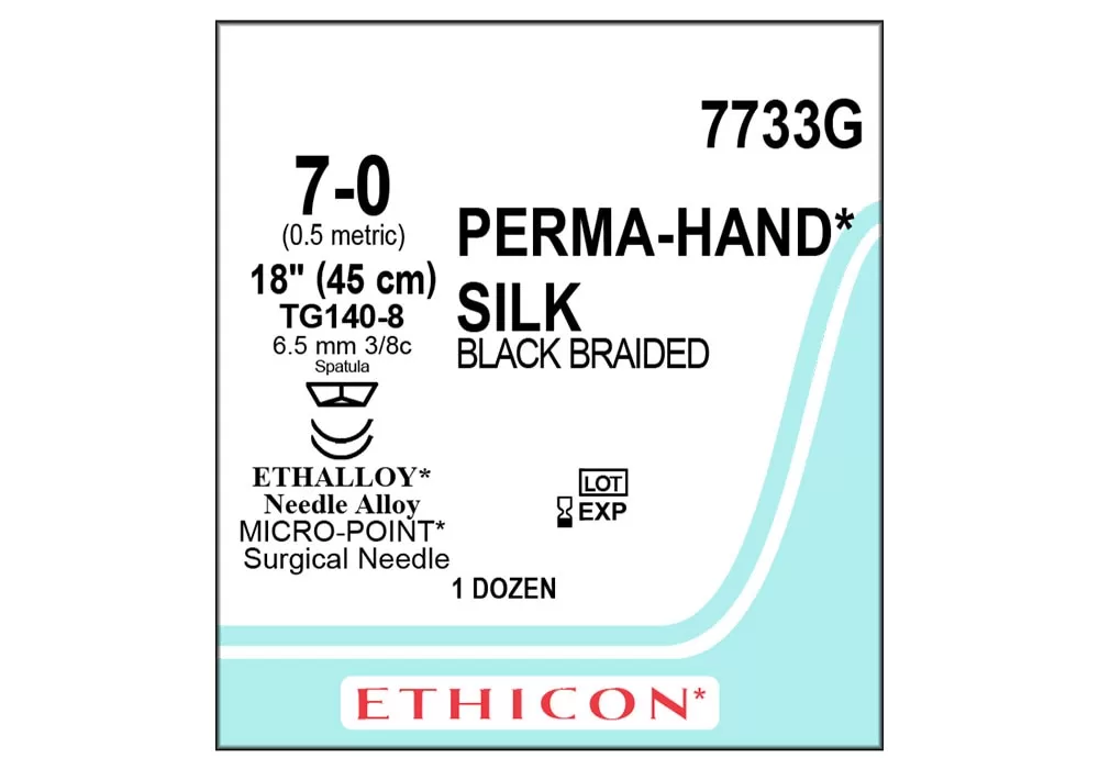 ETHICON 7733G Ethicon 7-0 18" Silk Black Braided Suture, Tg140-8 6.5 mm 3/8C Spatula ( of 12) (Blue)