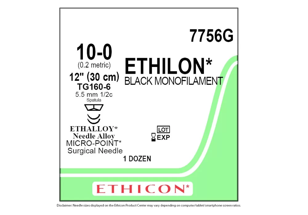 Ethicon 10-0 12" Ethilon* Nylon Suture Black Monofilament Tg160-6 5.5 mm 1/2C Spatula ( of 12) (Green)