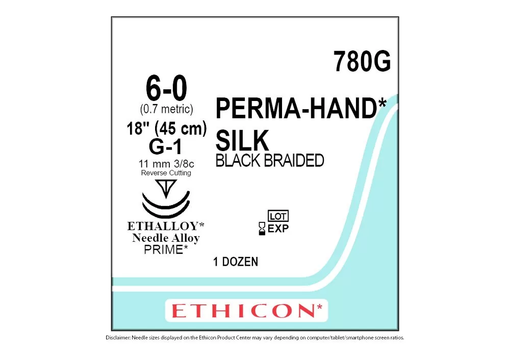 Ethicon 6-0 18" Perma-Hand* Silk Black Braided Non-Absorbable Suture G-1 11 mm 3/8C Reverse Cutting ( of 12) (Blue)