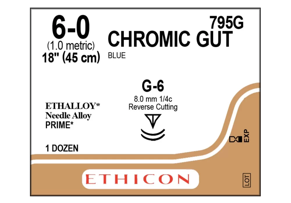Ethicon 6-0 18" Chromic Gut Blue Suture,G-6 Double Armed 8.0 mm 1/4C Reverse Cutting Ethalloy* Alloy Prime* Needles ( of 12) (Gold)