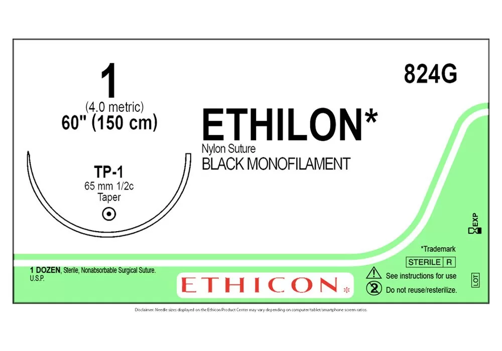 Ethicon 1 60" Ethilon* Black Monofilament Nylon Suture Tp-1 65 mm 1/2C Taper ( of 12) (Green)
