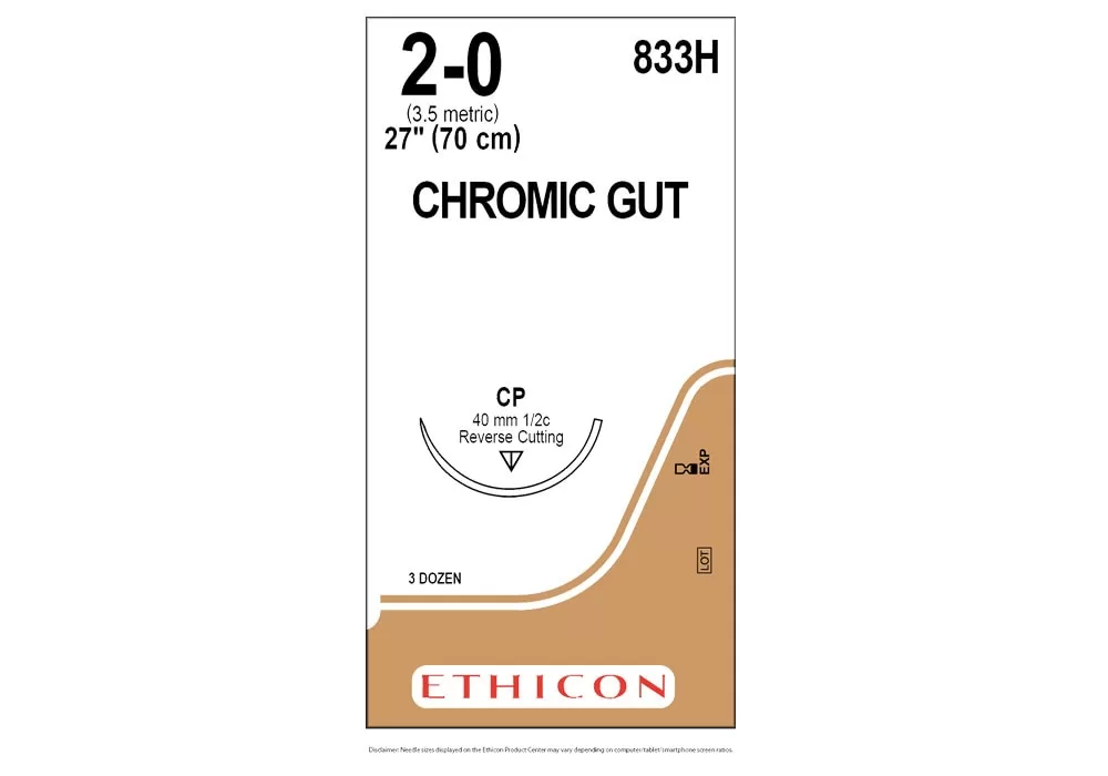 ETHICON 833H Ethicon 2-0 27" Chromic Gut Undyed Absorbable Suture Cp 40 mm 1/2C Reverse Cutting ( of 36) (Gold)