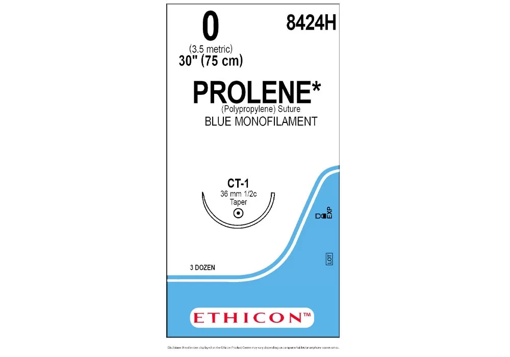 ETHICON 8424H Ethicon 0 30” Prolene* (Polypropylene) Blue Monofilament Non-Absorbable Suture Ct-1 36 mm 1/2C Taper ( of 36) (Blue)