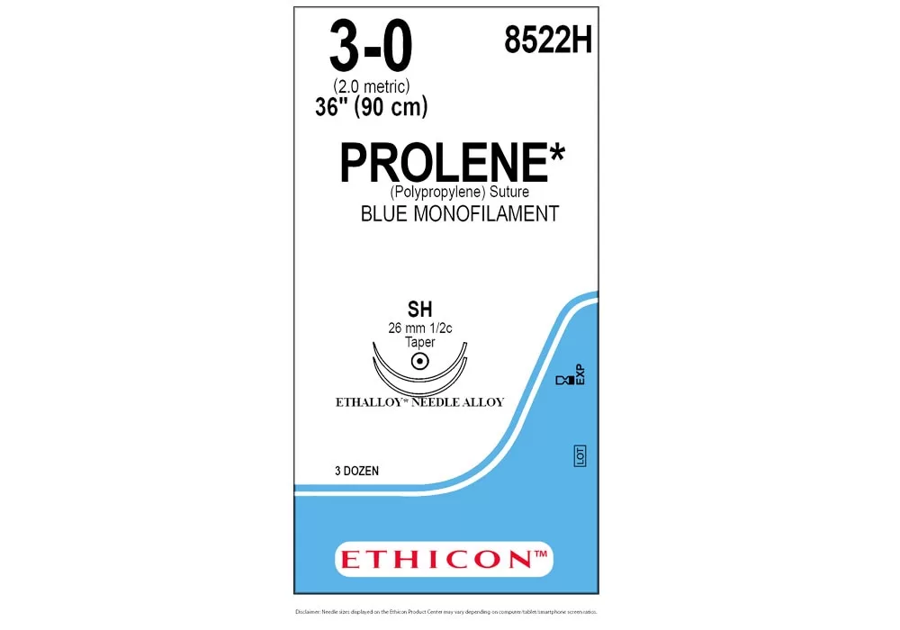 Ethicon 3-0 36" Prolene* (Polypropylene) Blue Monofilament Non-Absorbable Suture, Sh 26 mm 1/2C Taper ( of 36) (Blue)