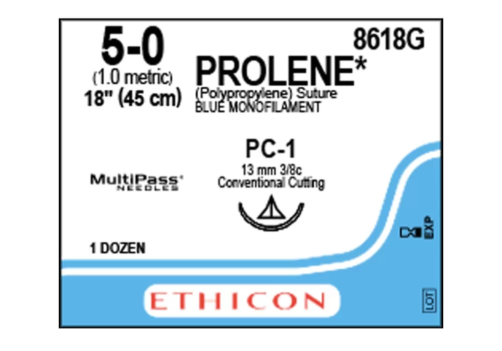 Ethicon 5-0 18" Prolene* (Polypropylene) Blue Monofilament Non-Absorbable Suture Pc-1 13 mm 3/8C Conventional Cutting ( of 12) (Blue)