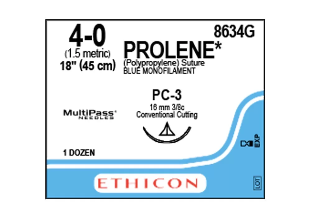 ETHICON 8634G Ethicon 4-0 18" Prolene* (Polypropylene) Blue Monofilament Non-Absorbable Suture Pc-3 16 mm 3/8C Conventional Cutting ( of 12) (Blue)
