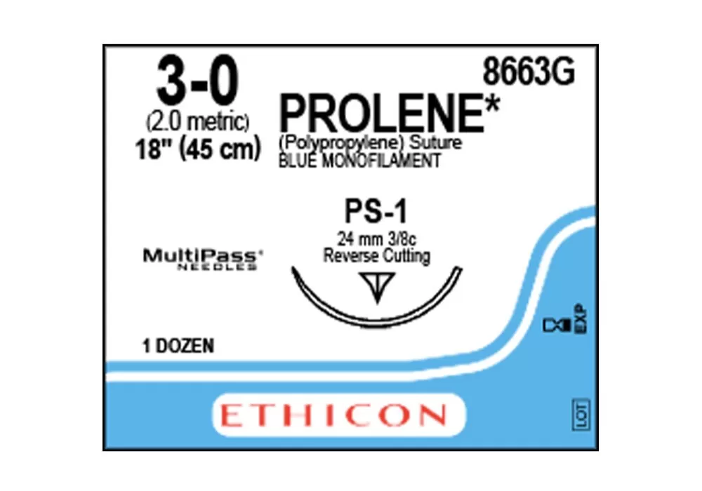 ETHICON 8663G Ethicon 3-0 18" Prolene* (Polypropylene) Blue Monofilament Non-Absorbable Suture Ps-1 24 mm 3/8C Reverse Cutting ( of 12) (Blue)
