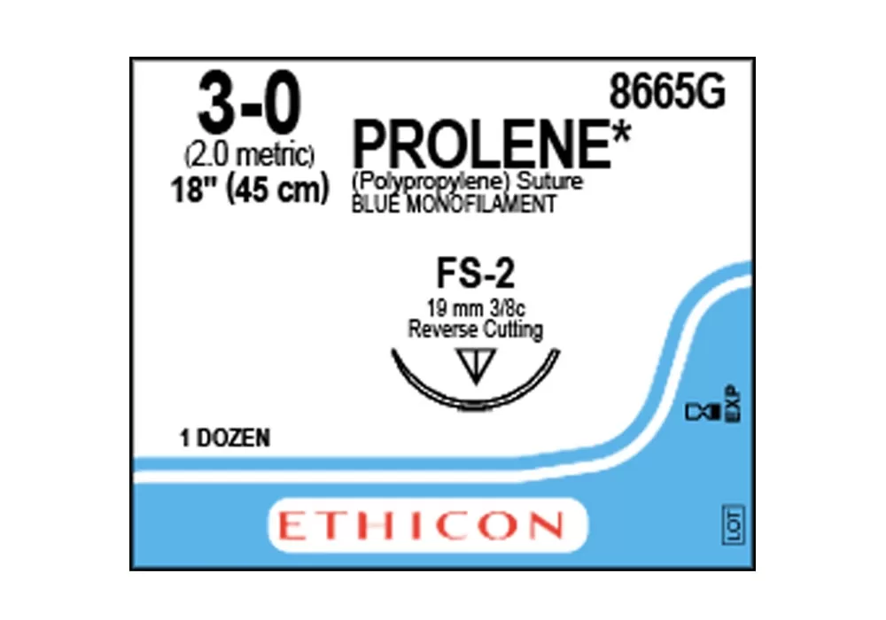 ETHICON 8665G Ethicon 3-0 18" Prolene* (Polypropylene) Blue Monofilament Non-Absorbable Suture Fs-2 19 mm 3/8C Reverse Cutting ( of 12) (Blue)