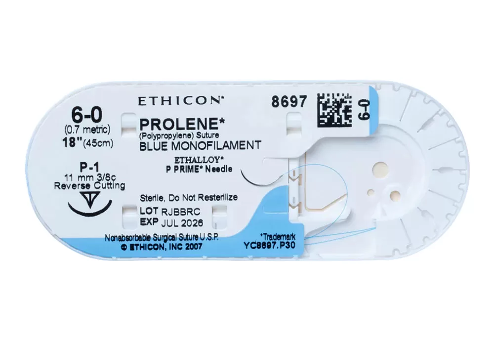 ETHICON 8697G Ethicon 6-0 18" Prolene* (Polypropylene) Blue Monofilament Non-Absorbable Suture P-1 11 mm 3/8C Reverse Cutting ( of 12) (Blue)