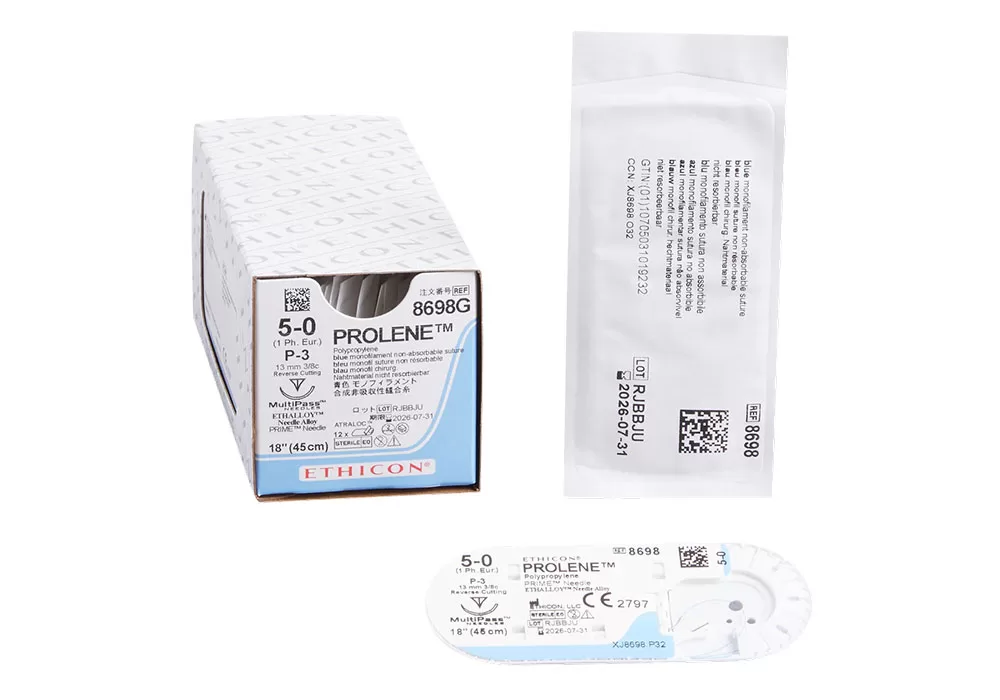 ETHICON 8698G Ethicon 5-0 18" Prolene* (Polypropylene) Blue Monofilament Non-Absorbable Suture P-3 13 mm 3/8C Reverse Cutting ( of 12) (Blue)