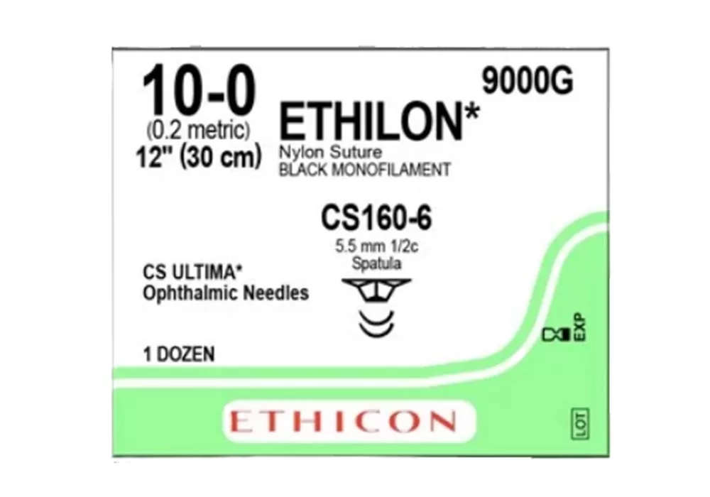 Ethicon 10-0 12" Ethilon* Black Monofilament Non-Absorbable Nylon Suture Cs160-6 5.5 mm 1/2C Spatula ( of 12) (Green)