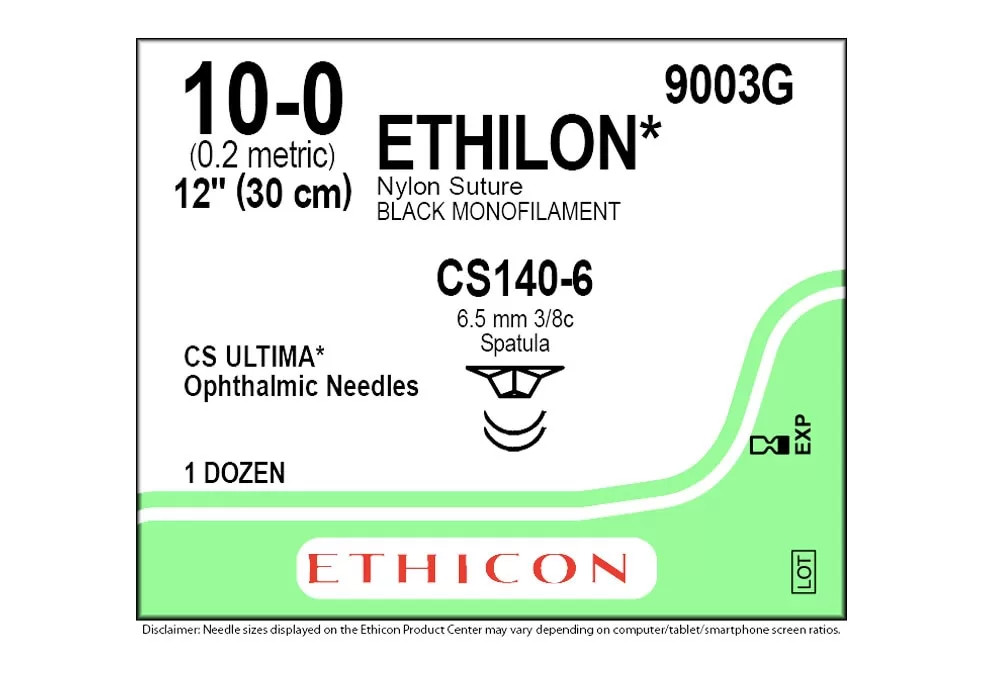 ETHICON 9003G Ethicon 10-0 12" Ethilon* Nylon Suture Black Monofilament Cs140-6 6.5 mm 3/8C Spatula ( of 12) (Green)