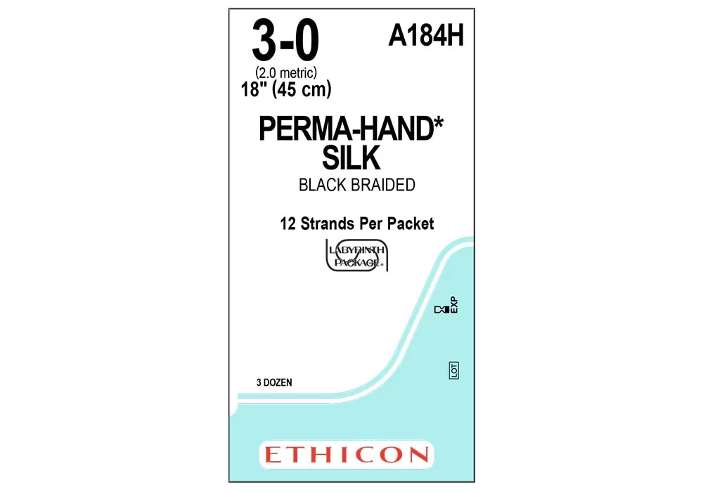 Ethicon 3-0 18” Perma-Hand* Silk Black Braided Suture 12 Strands Per Packet ( of 36) (Blue)